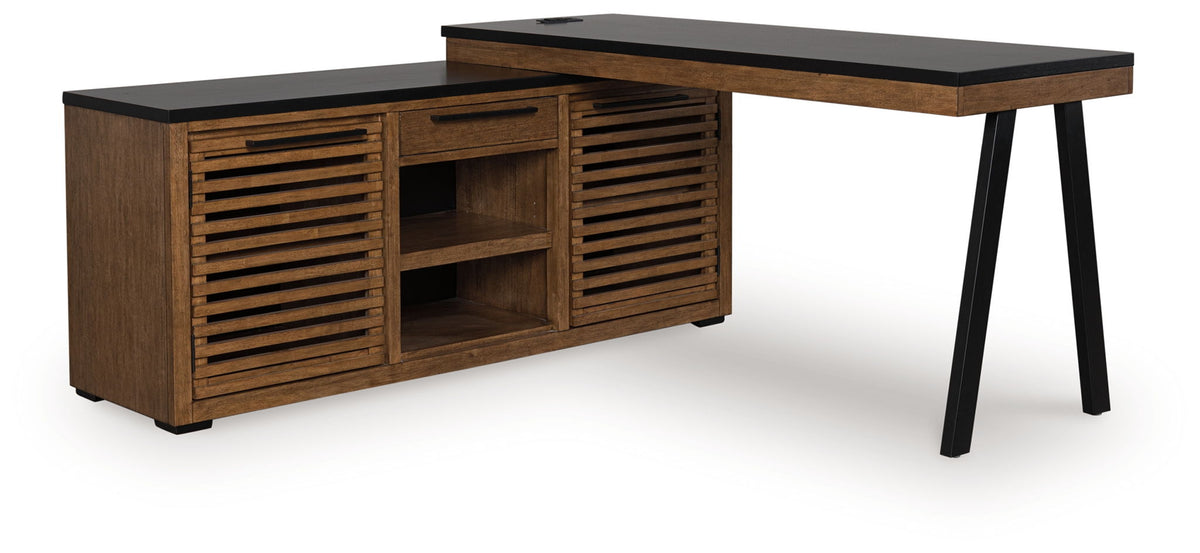 Dark brown credenza with black top and open cubby, with slatted side doors