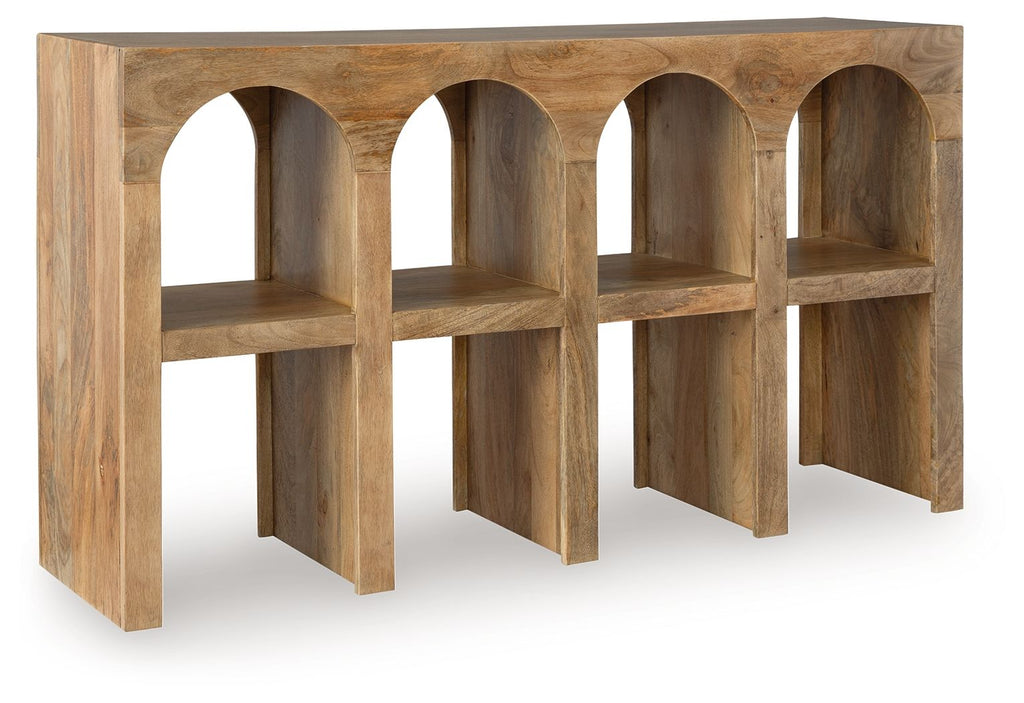 Natural brown wooden console sofa table with four arched open shelves