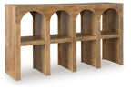 Natural brown wooden console sofa table with four arched open shelves