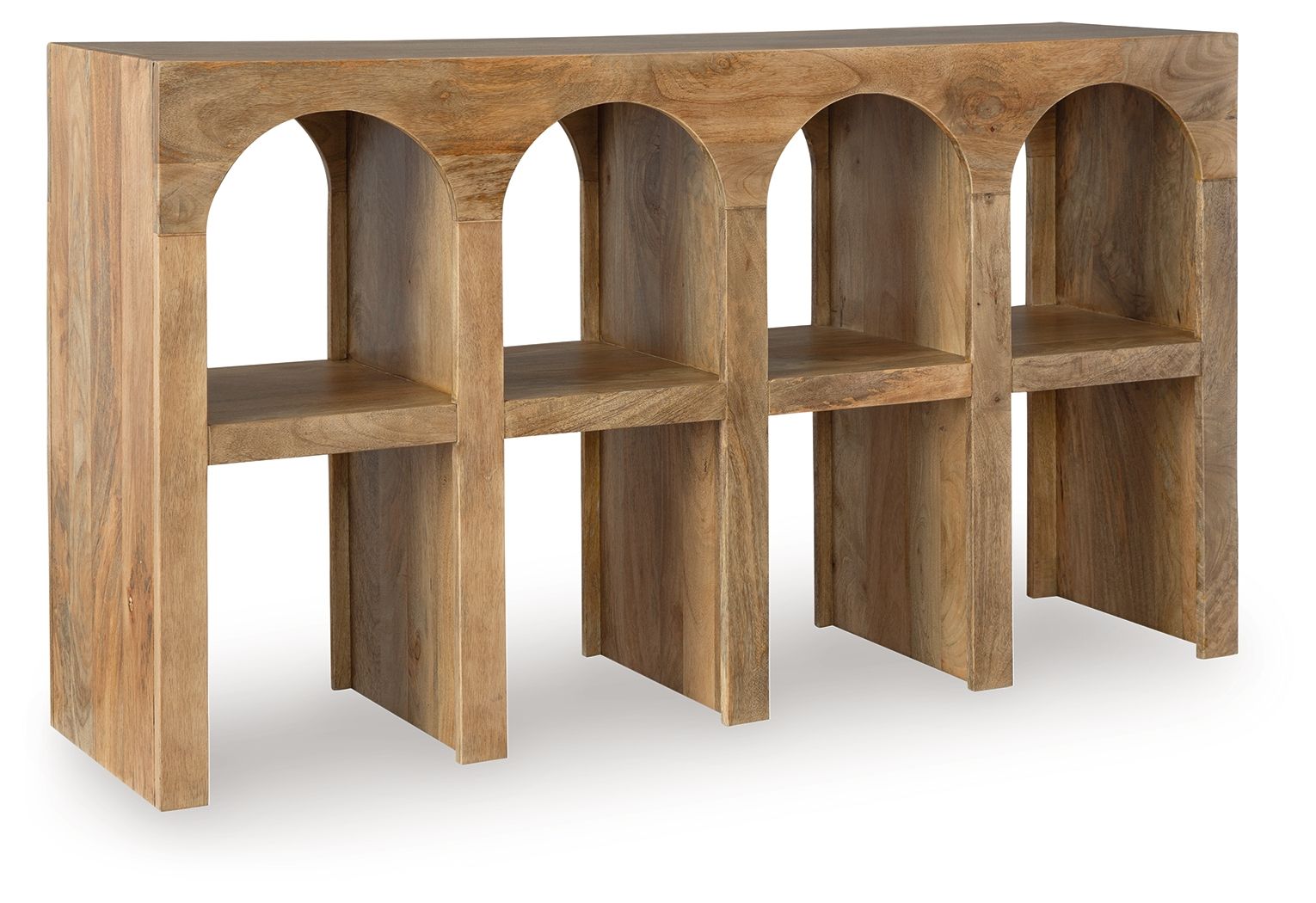 Natural brown wooden console sofa table with four arched open shelves