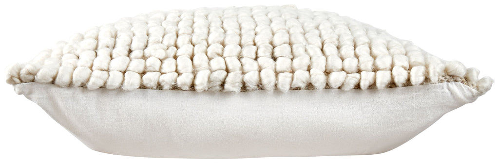 Cream square throw pillow with textured bobble weave and tasseled edge