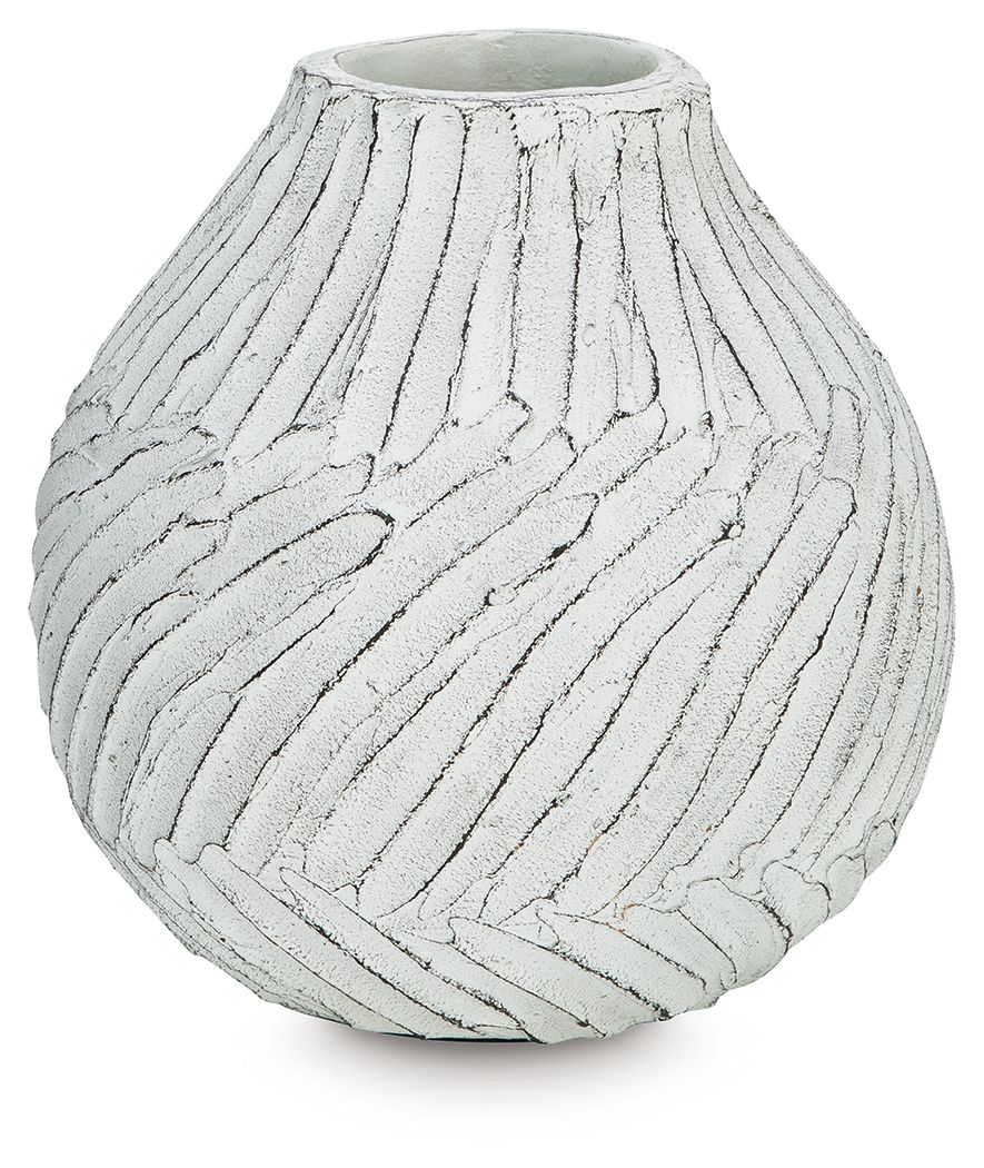 Shelvie white vase with carved vertical lines on rounded, slightly tapered shape