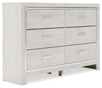 White dresser with mirror, six drawers with bar pulls and silver trim