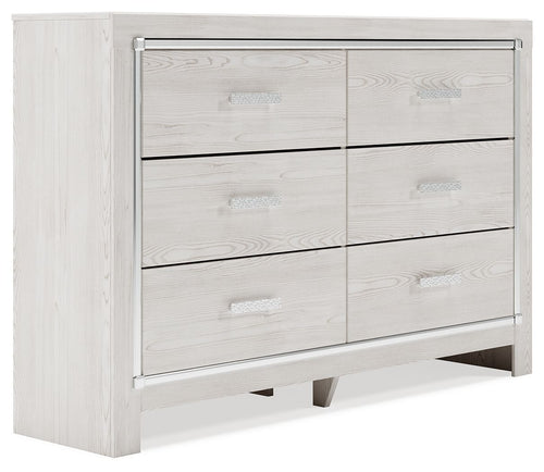 White dresser with mirror, six drawers with bar pulls and silver trim