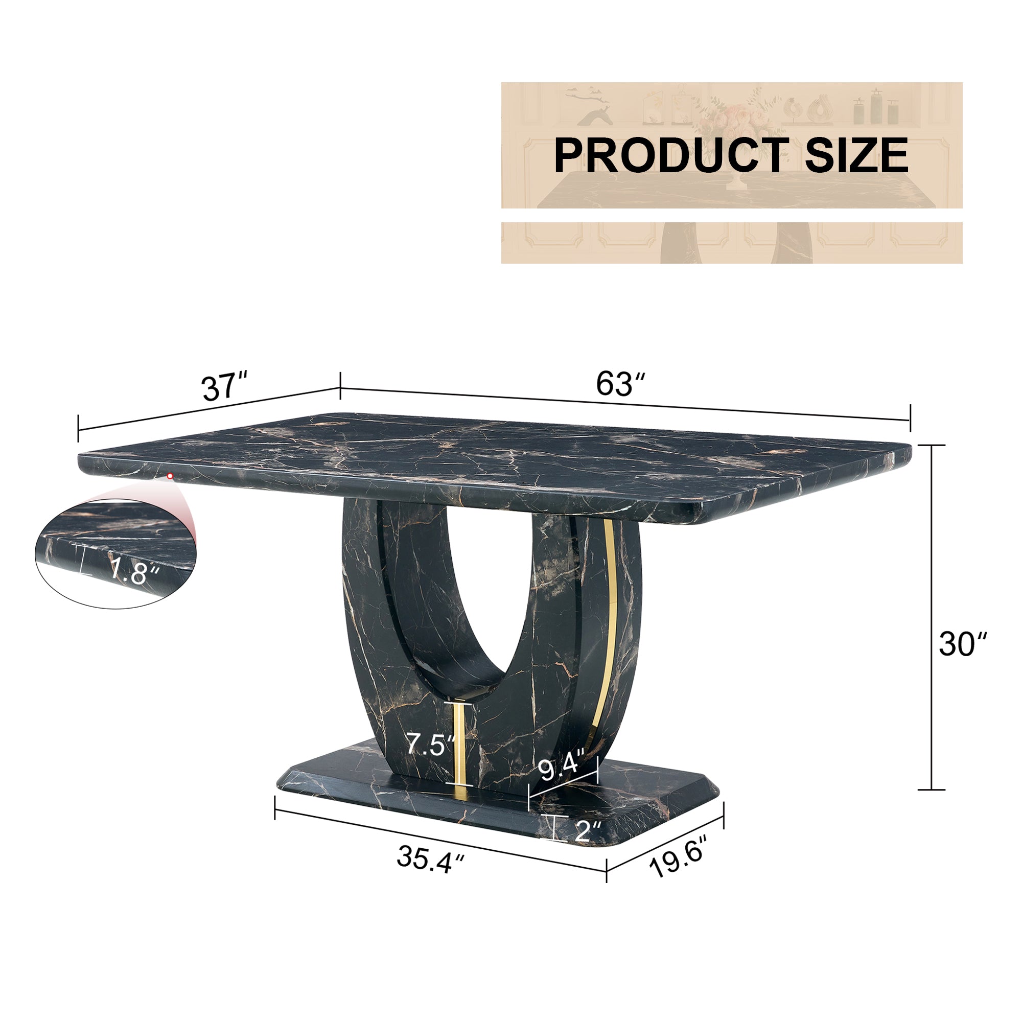 Modern Black Marble Dining Table (63x37) with Gold Legs