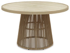 Beige outdoor dining table with round light wood-look top and woven cord base