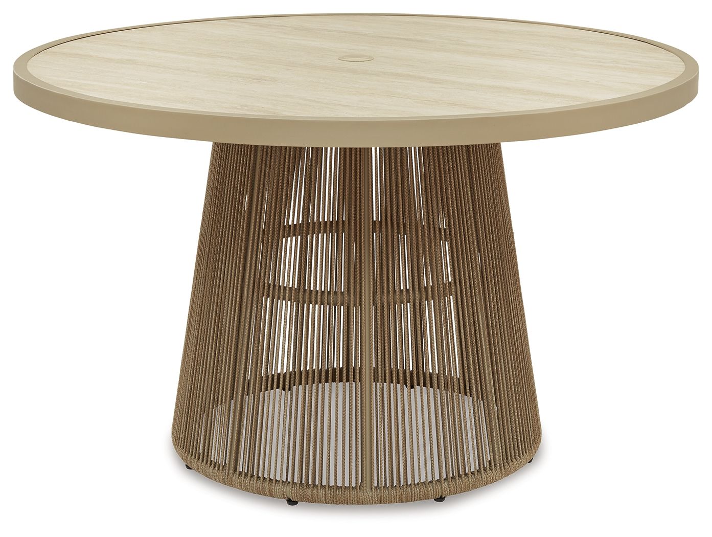 Beige outdoor dining table with round light wood-look top and woven cord base