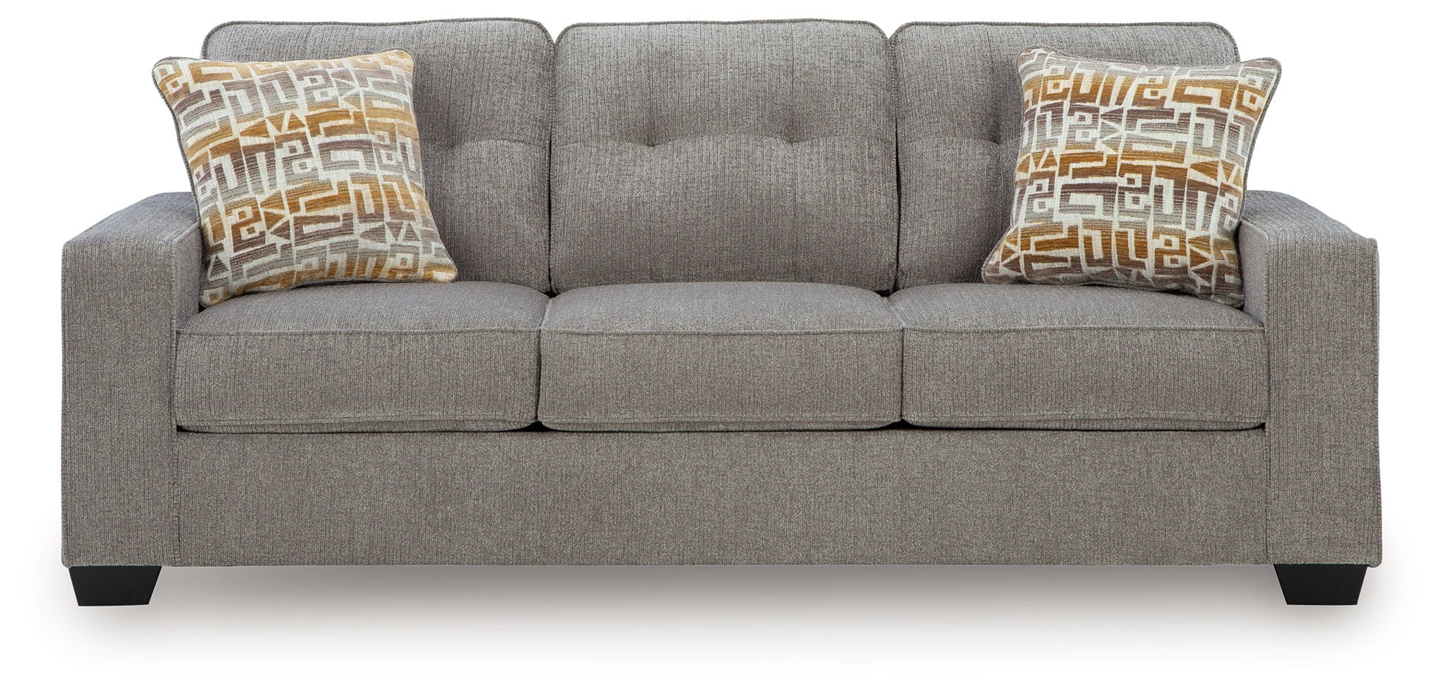 Queen sofa sleeper with gray upholstery and two patterned pillows on back cushions