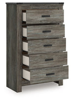 Gray five-drawer chest with drawers open and black bar pulls