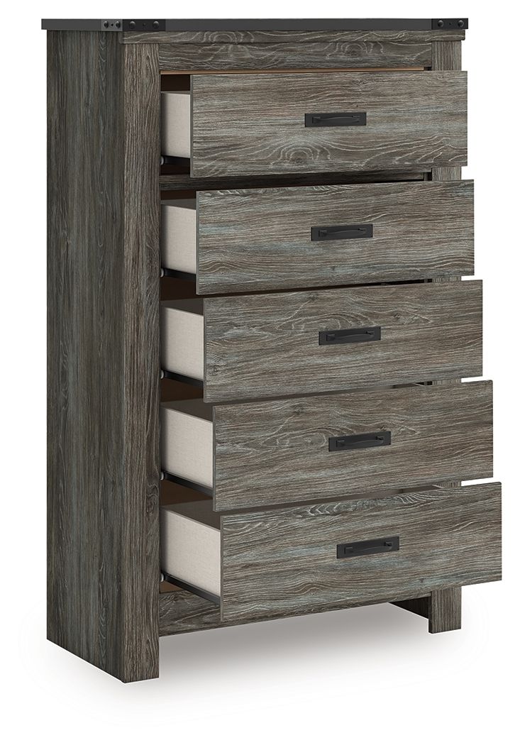 Gray five-drawer chest with drawers open and black bar pulls