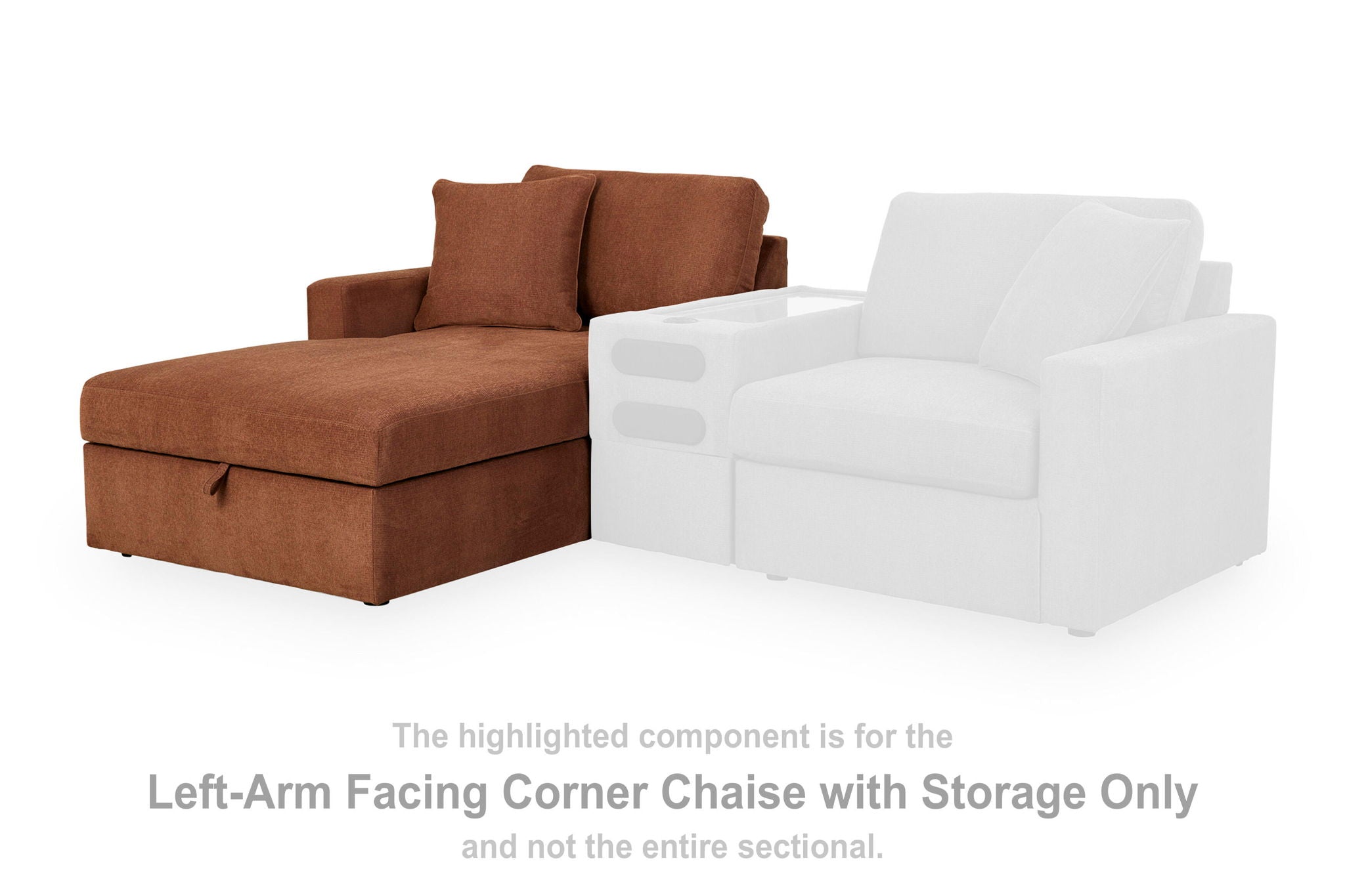 Brown left-arm facing corner chaise with storage, two back pillows and chaise cushion