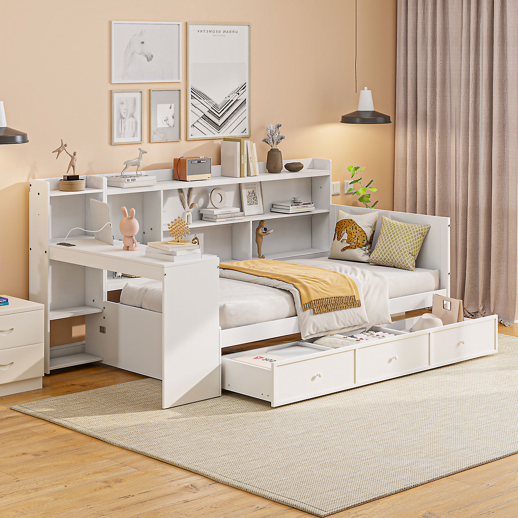 White Twin Size Wooden Daybed w/ 3 Drawers, USB Ports & Desk