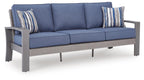 Blue-gray fabric sofa with two striped throw pillows and seat cushions