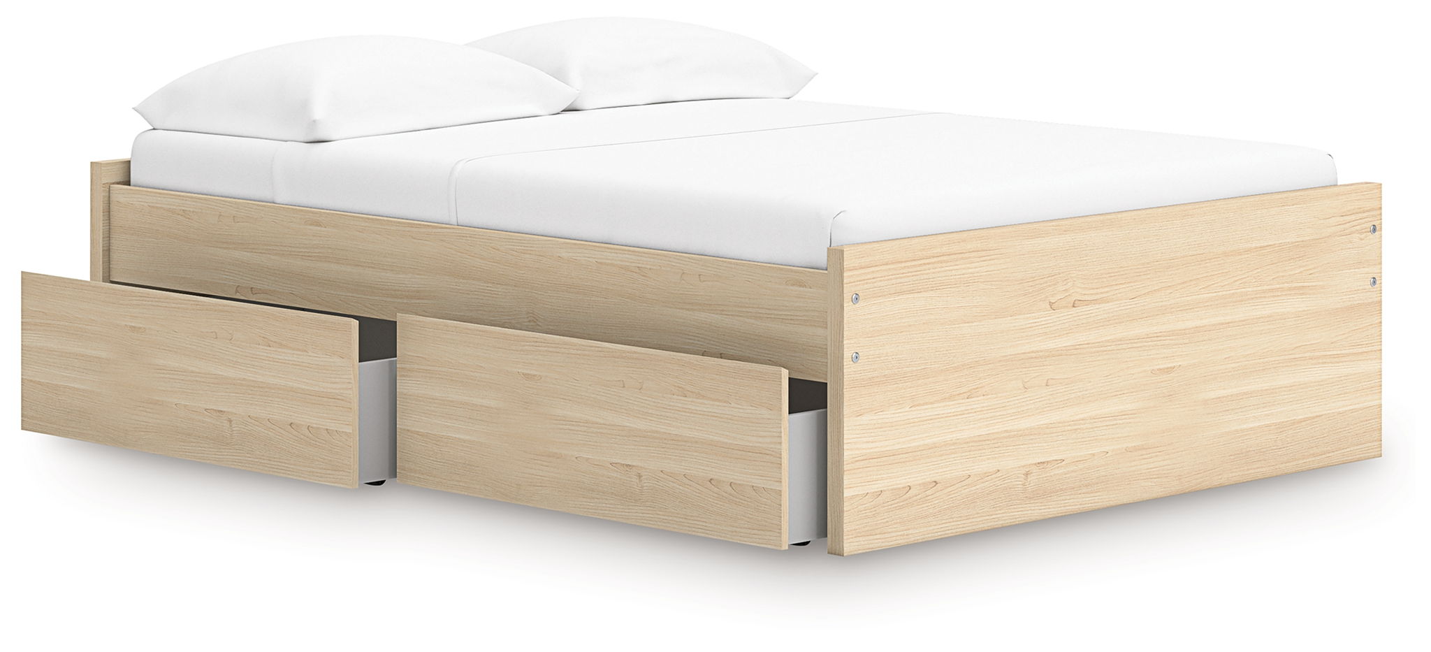 Light wood platform bed with one side storage drawer and slatted base