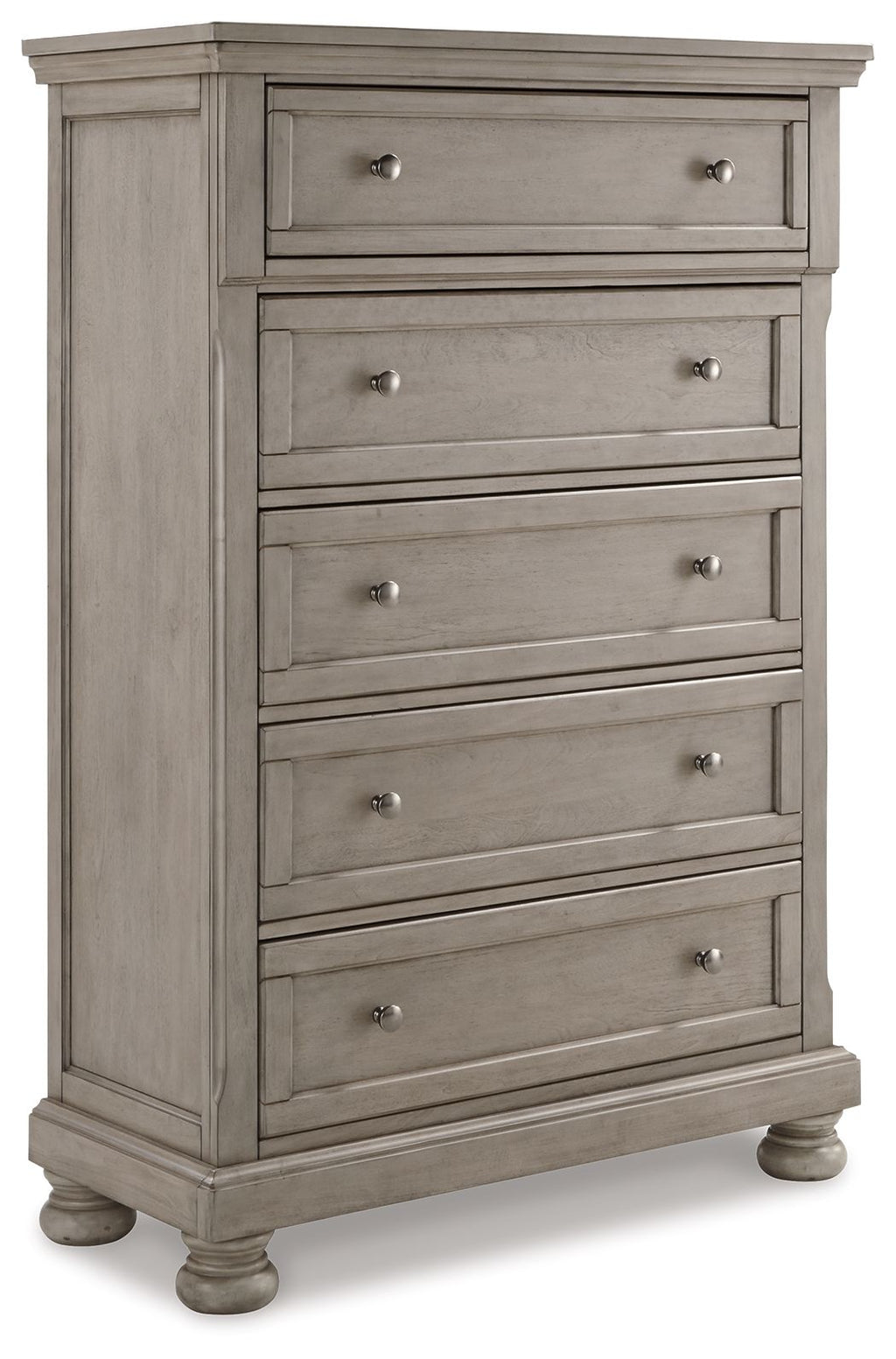 Gray dresser with four stacked drawers, metal pulls, and turned feet