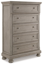 Gray dresser with four stacked drawers, metal pulls, and turned feet
