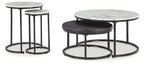 Black metal nesting tables with round white marble-look tops and two tiers each