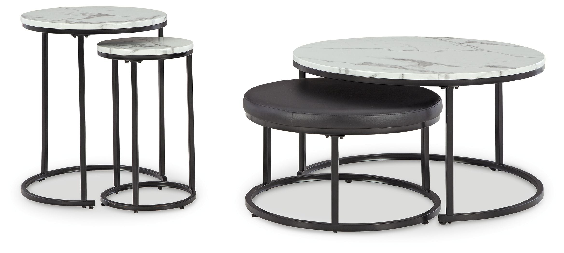 Black metal nesting tables with round white marble-look tops and two tiers each