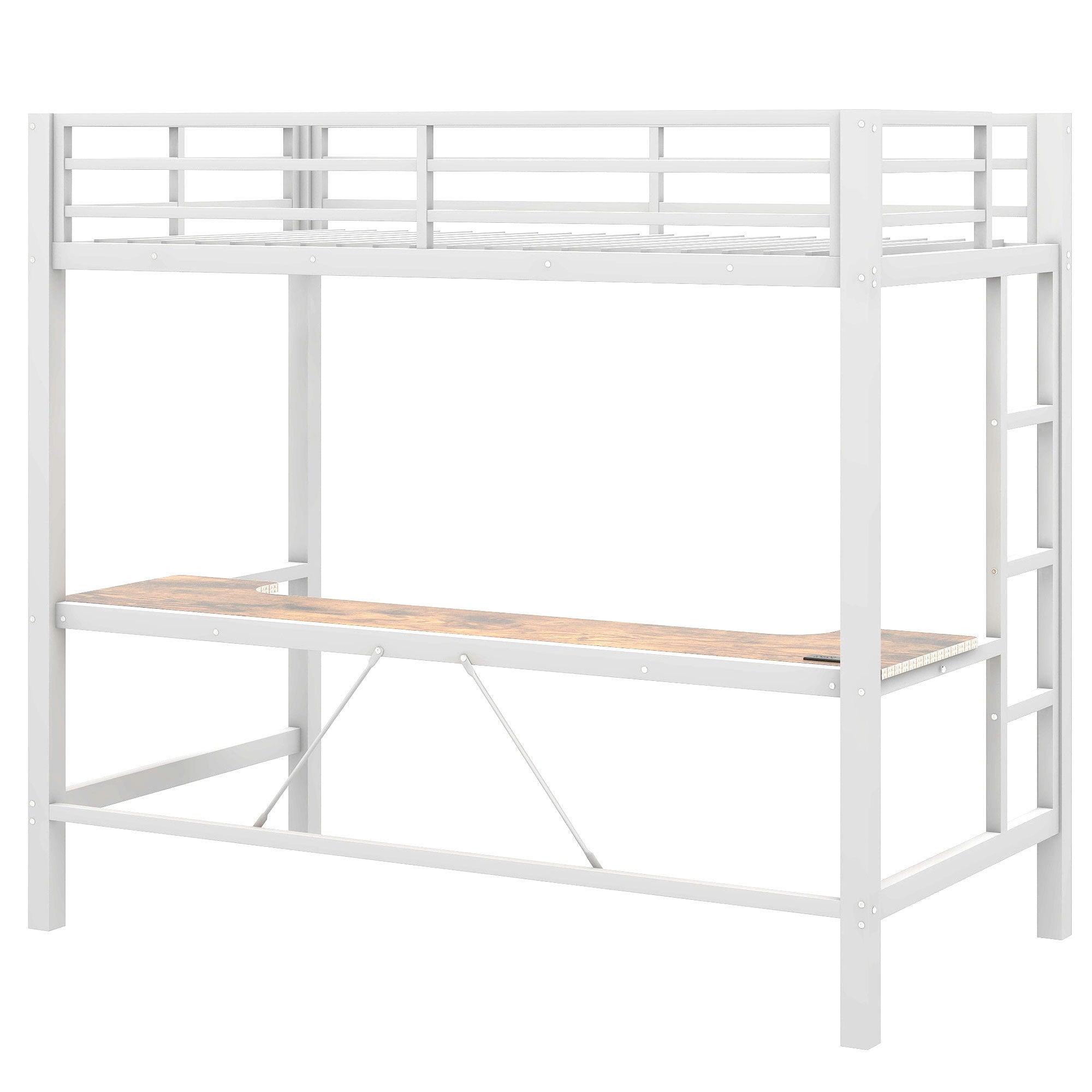 Twin Gaming Metal Loft Bed: Desk, LED, USB, White