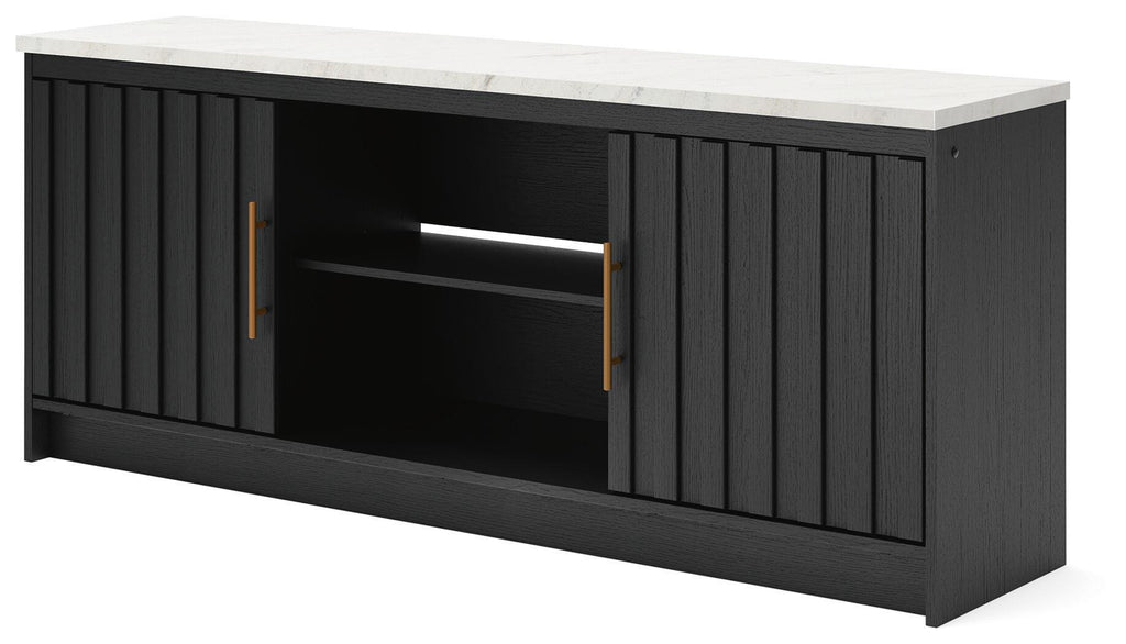 Black TV stand with two cabinet doors and open center shelf, vertical slat paneling