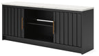 Black TV stand with two cabinet doors and open center shelf, vertical slat paneling