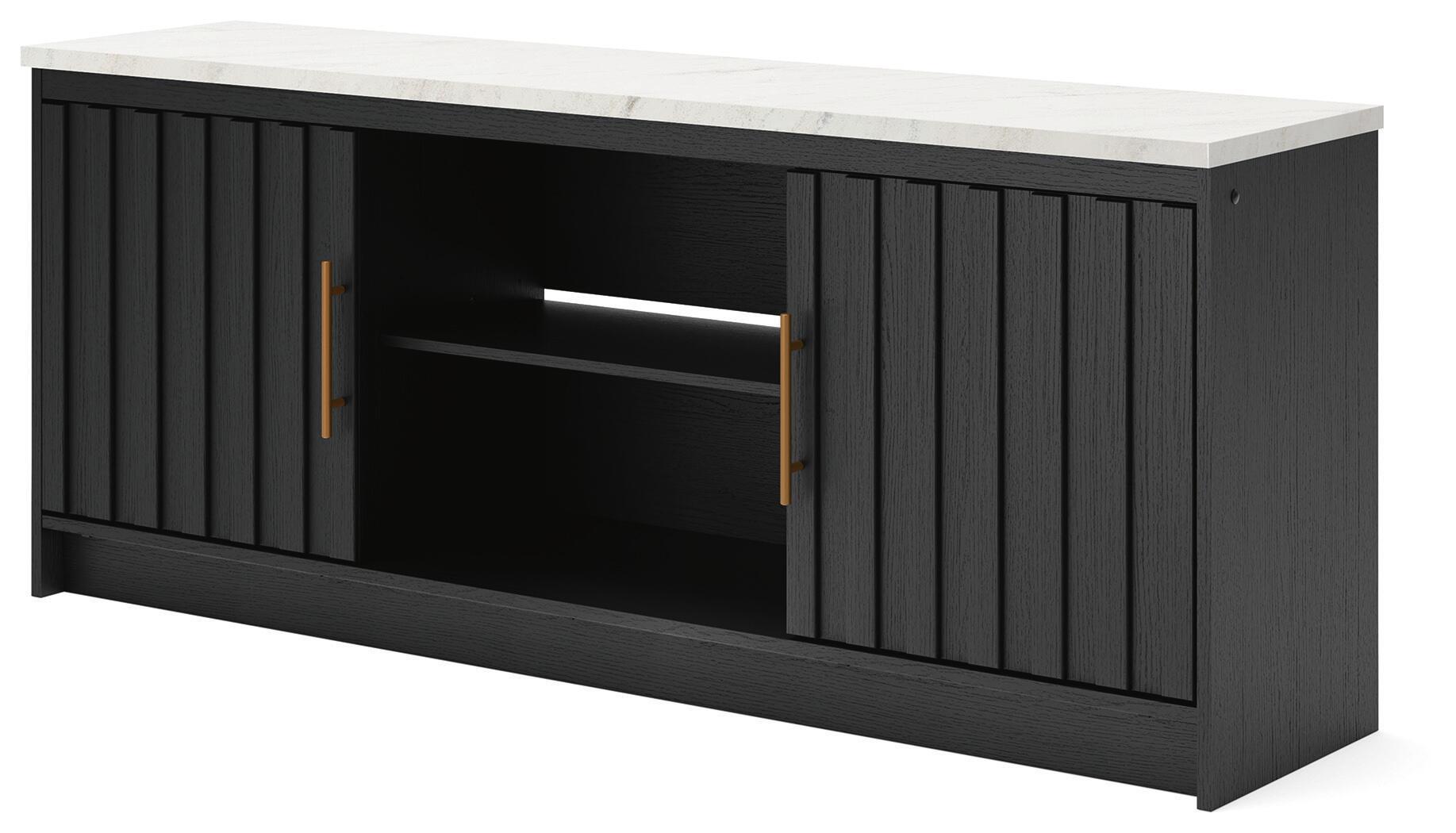Black TV stand with two cabinet doors and open center shelf, vertical slat paneling
