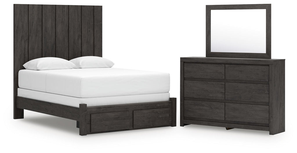 Charcoal queen panel storage bed with dresser and framed mirror set