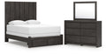 Charcoal queen panel storage bed with dresser and framed mirror set
