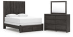 Charcoal queen panel storage bed with dresser and framed mirror set