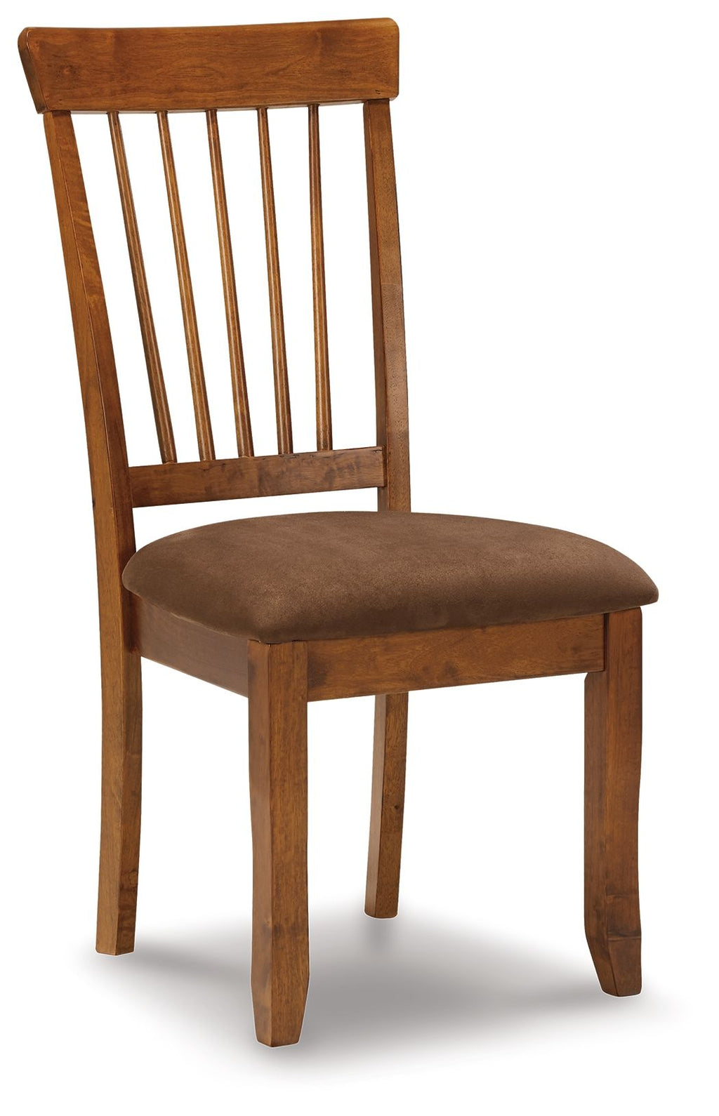 Rustic brown dining side chair with vertical slat back and cushioned seat