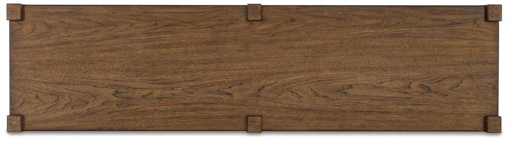 Rectangular light brown wooden panel with metal corner brackets