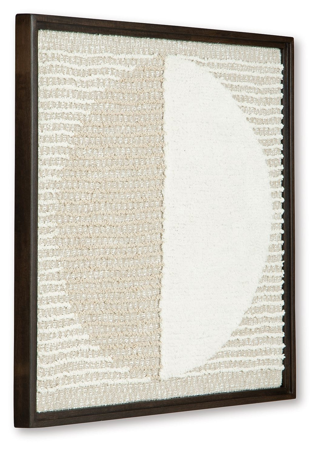 Framed wall decor with tan-and-white textured fabric and a curved white half-moon panel