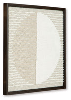 Framed wall decor with tan-and-white textured fabric and a curved white half-moon panel