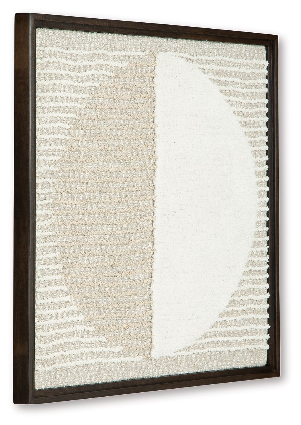 Framed wall decor with tan-and-white textured fabric and a curved white half-moon panel