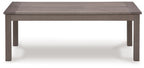 Rectangular cocktail table with brown top and four straight legs
