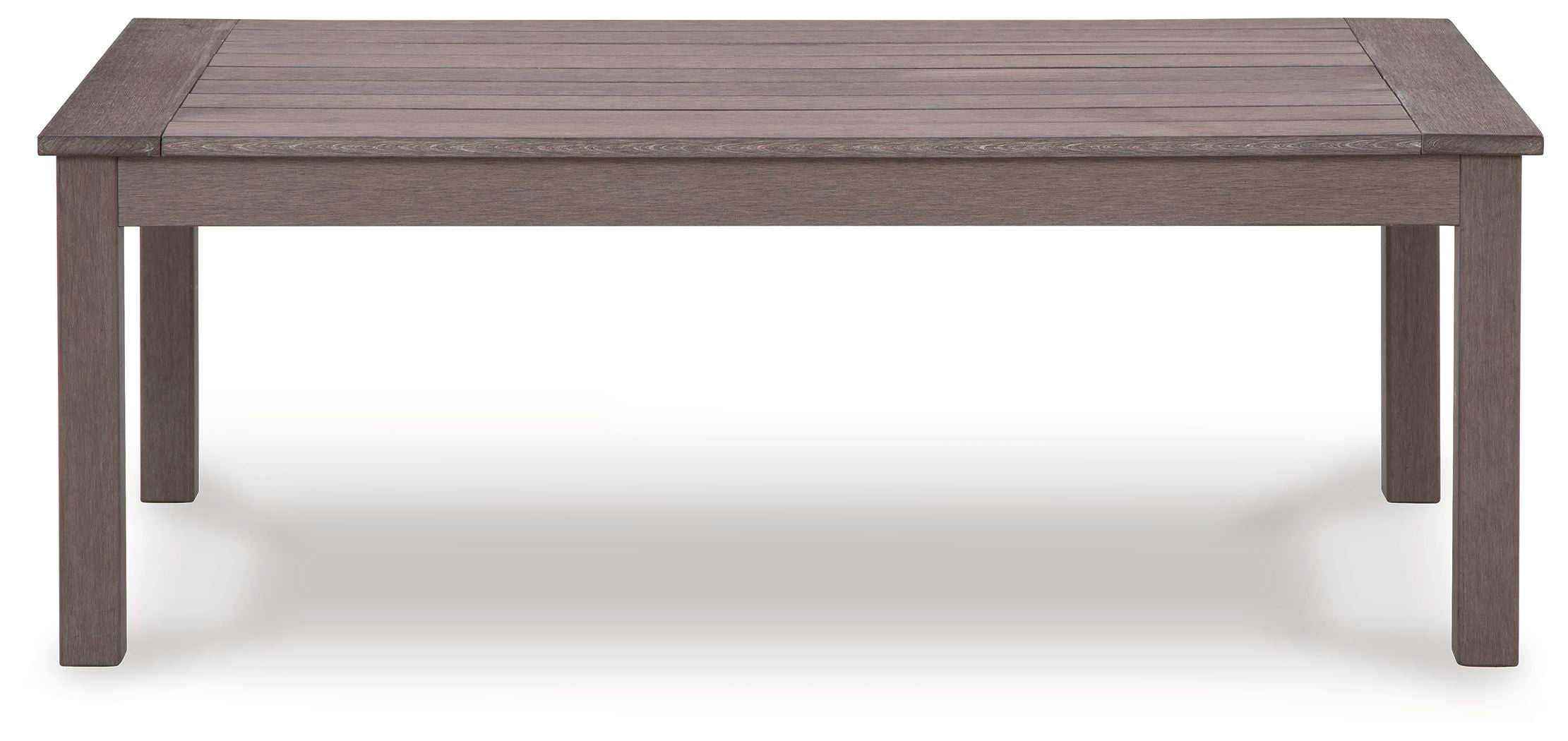 Rectangular cocktail table with brown top and four straight legs