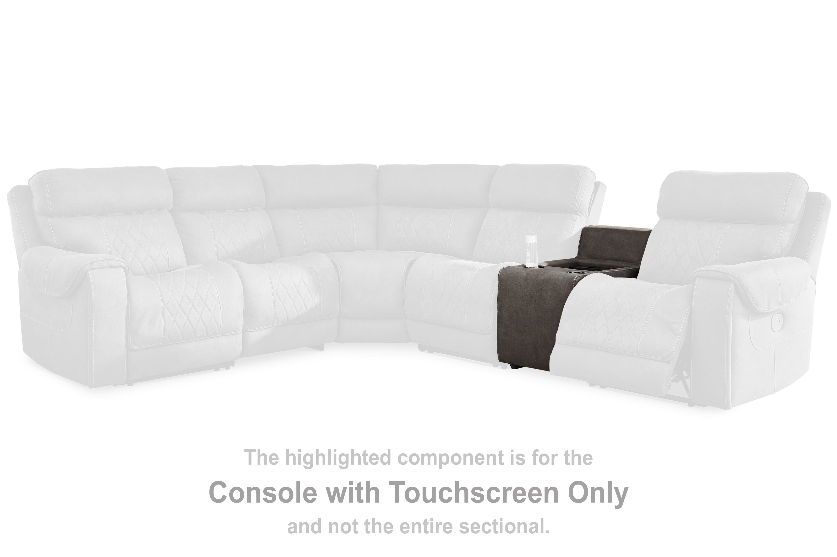 White sectional sofa with console chaise and padded armrests, tufted back cushions