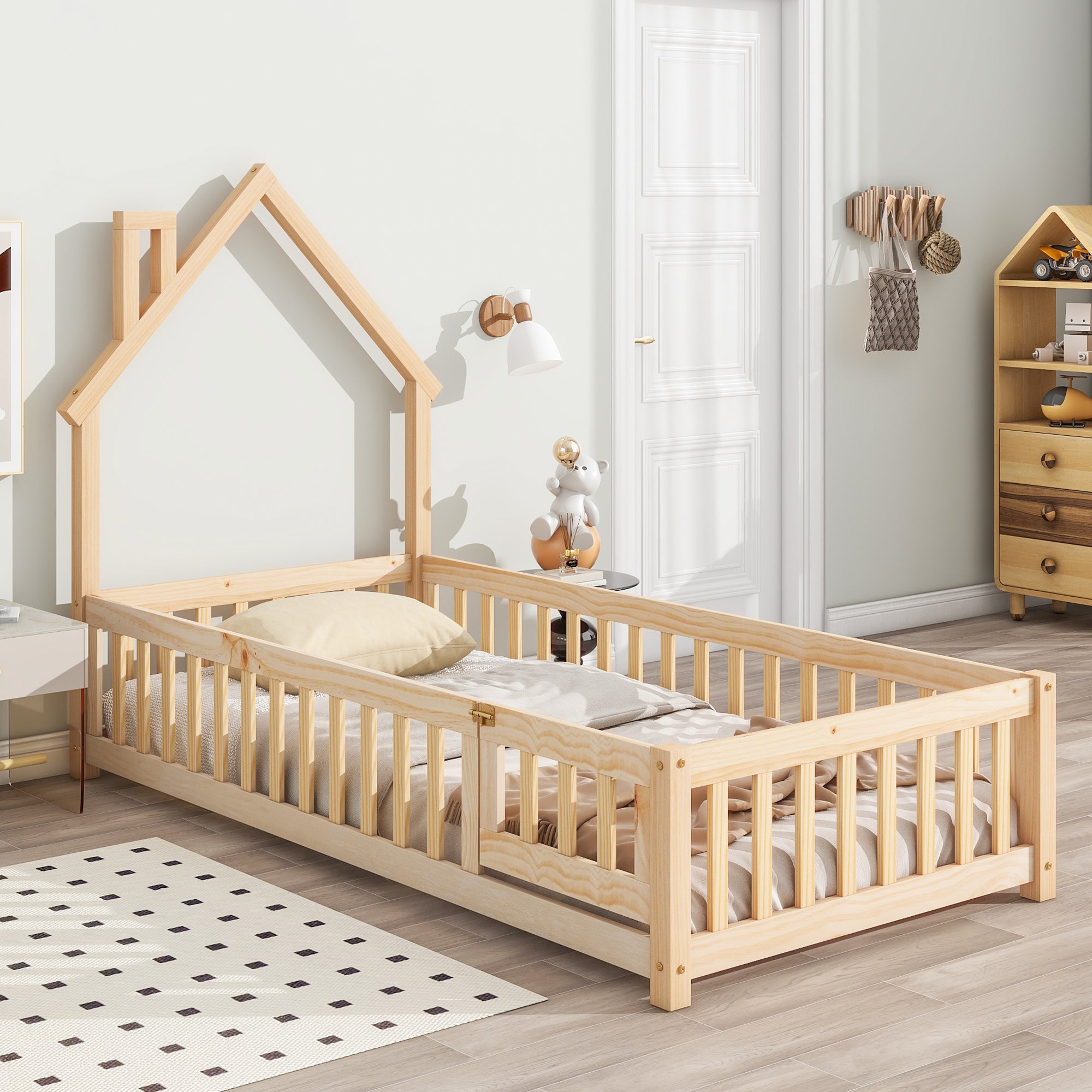 Twin Natural House Floor Bed with Fence Design