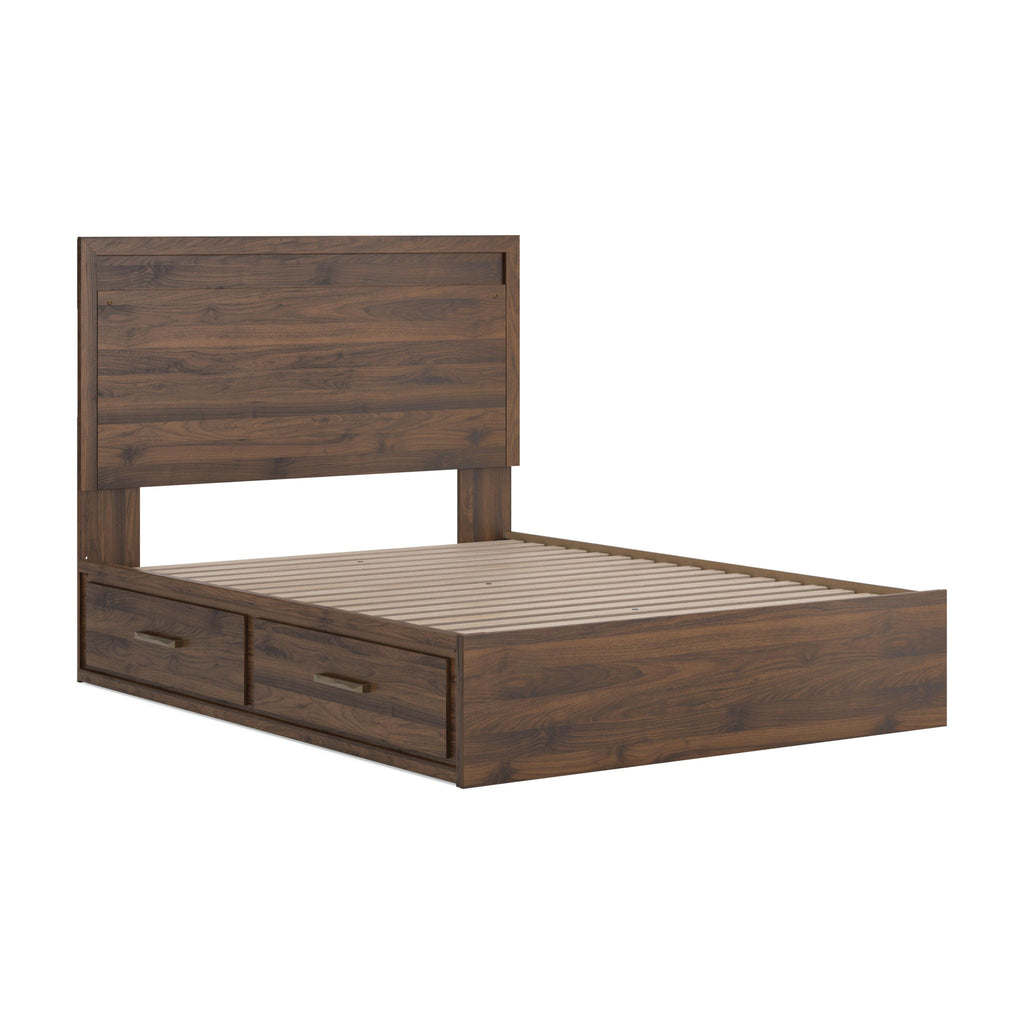 Light brown panel storage bed frame with slatted base and two under-bed drawers