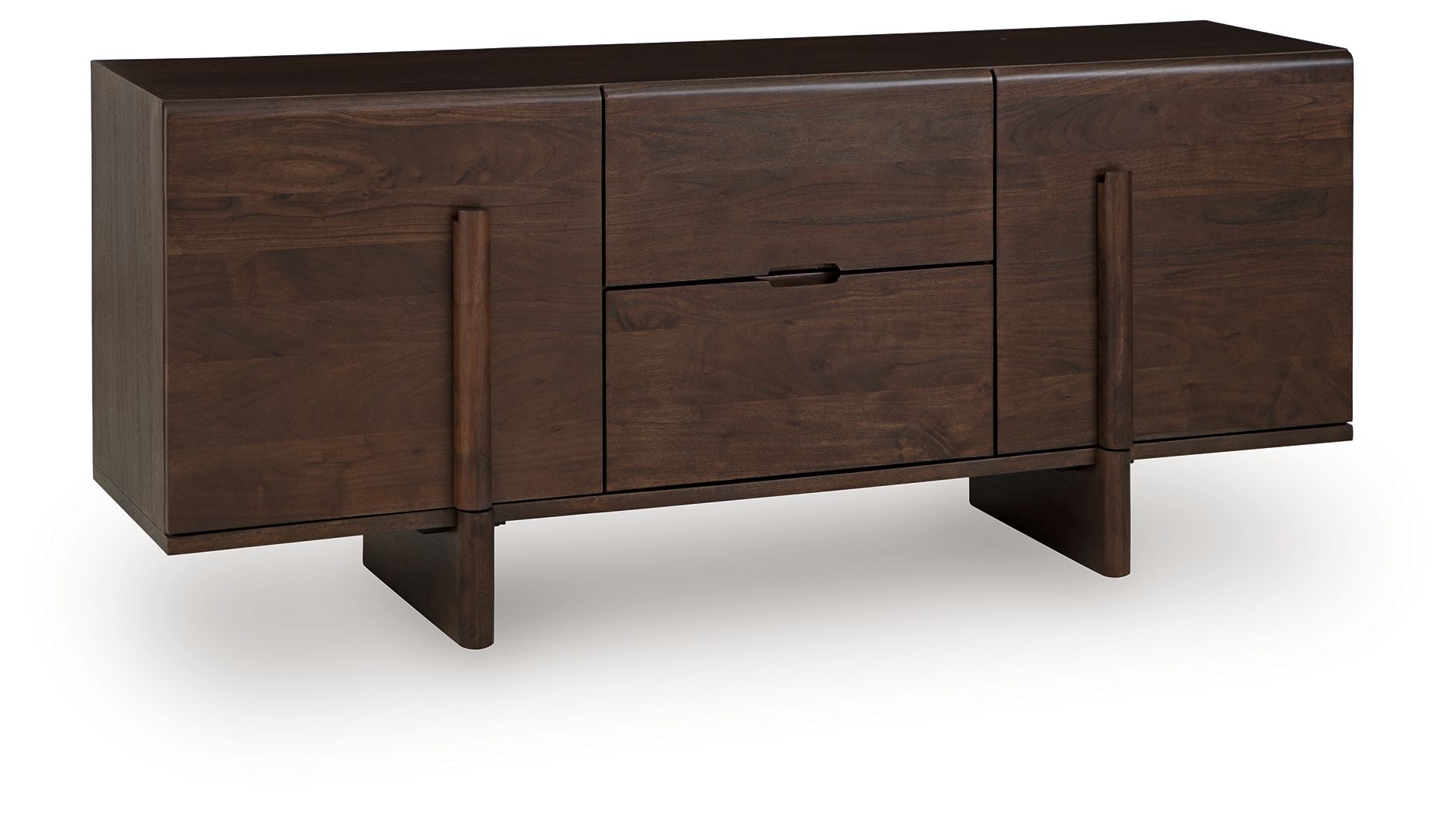 Medium brown accent cabinet with two doors and center drawer, dark pull handles.