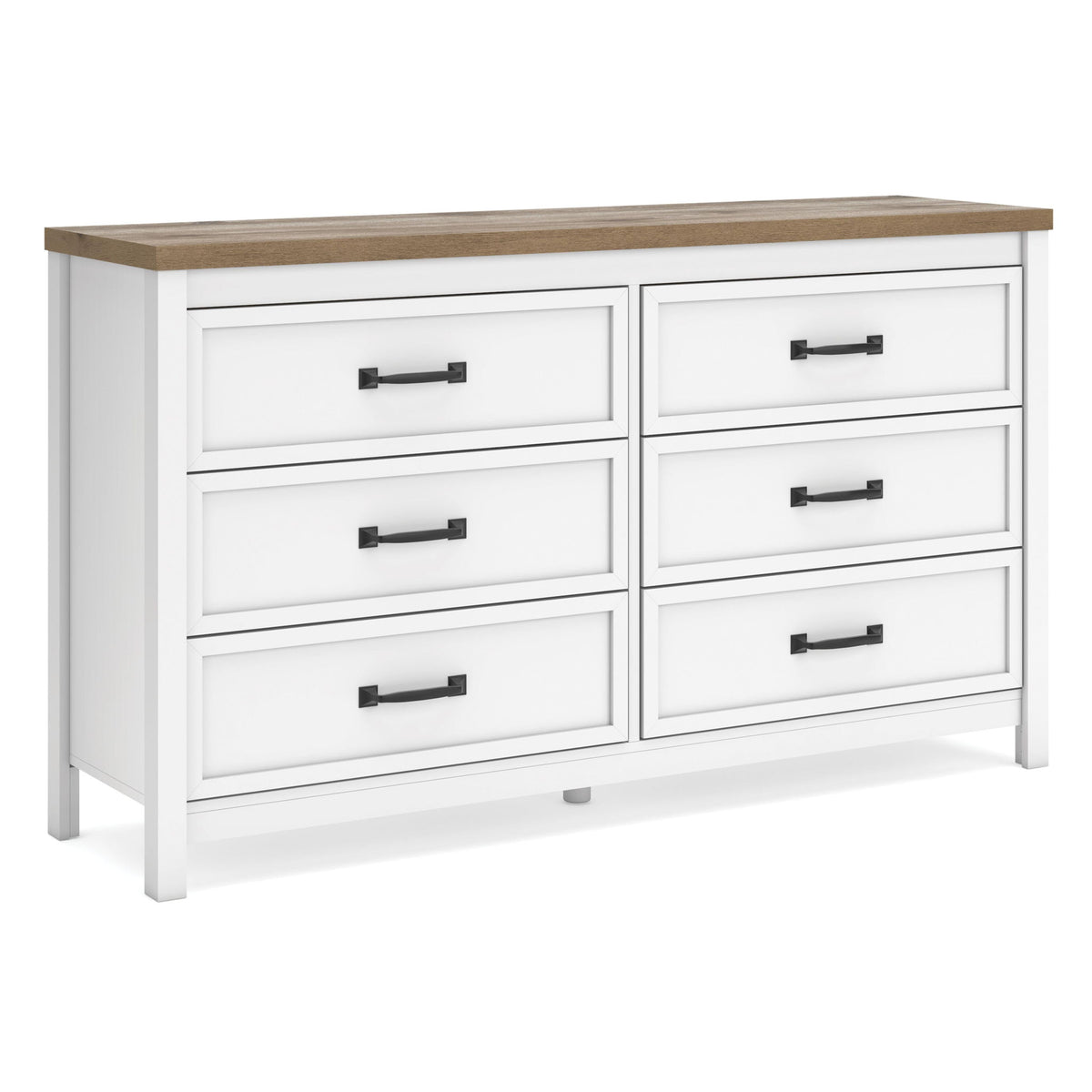 Six-drawer dresser with white cabinet, brown top, and black bar drawer pulls
