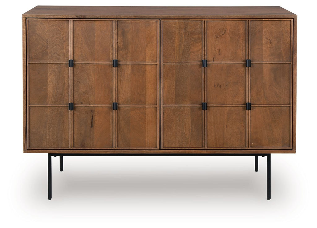 Brown accent cabinet with grid-panel doors and black pulls, front view