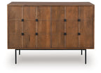 Brown accent cabinet with grid-panel doors and black pulls, front view