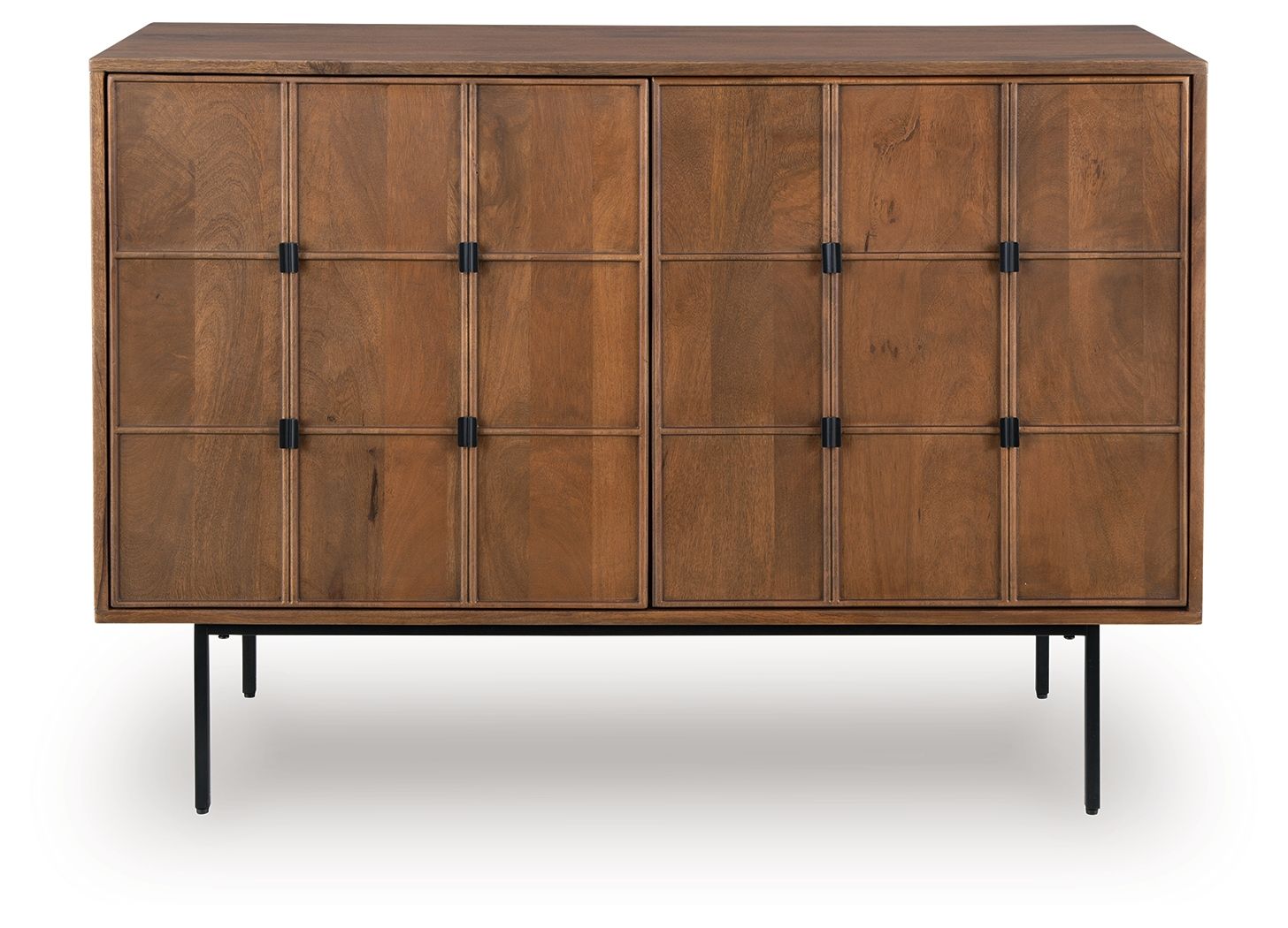 Brown accent cabinet with grid-panel doors and black pulls, front view