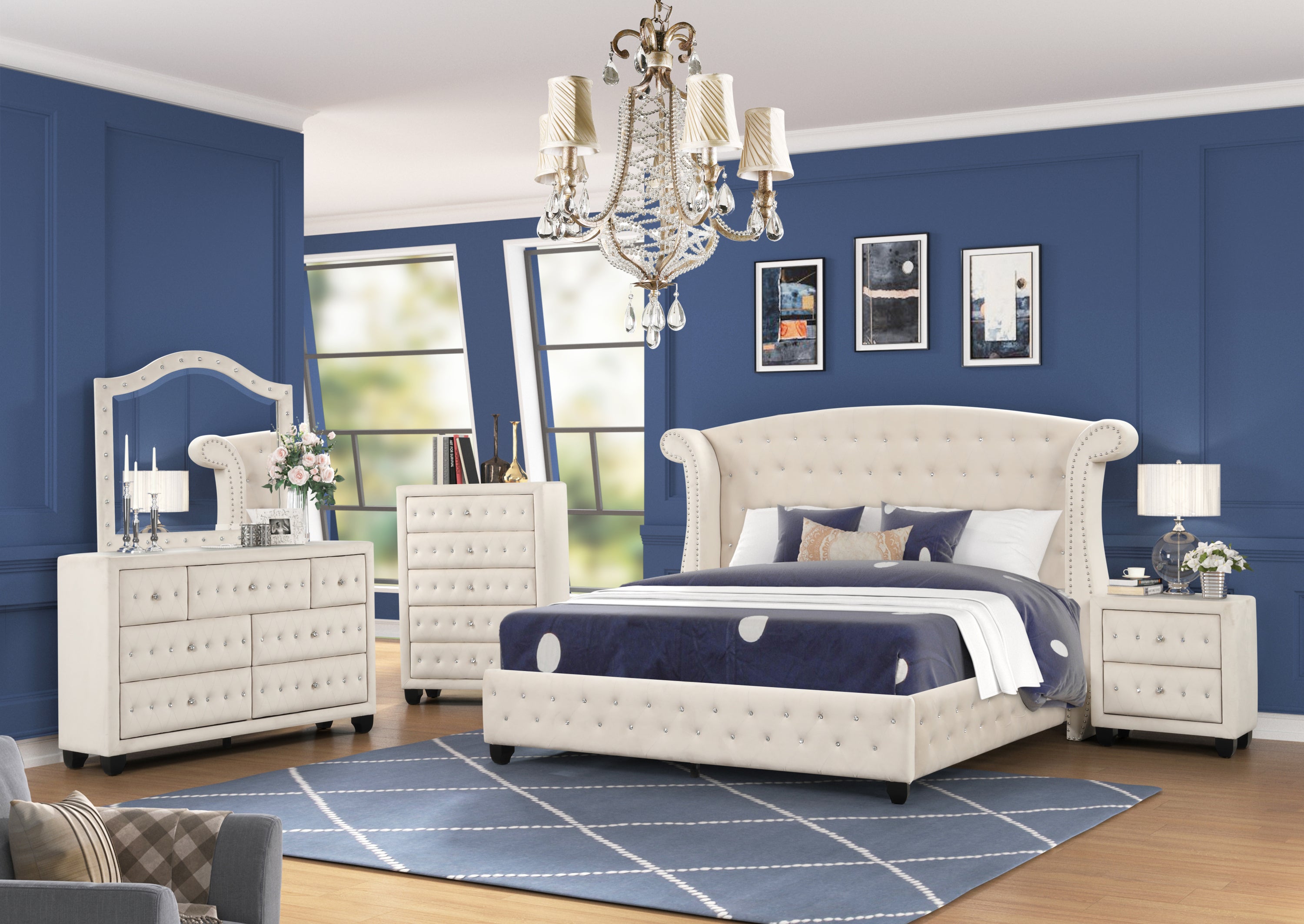 Modern Crystal Tufted Velvet Chest - 5 Drawers