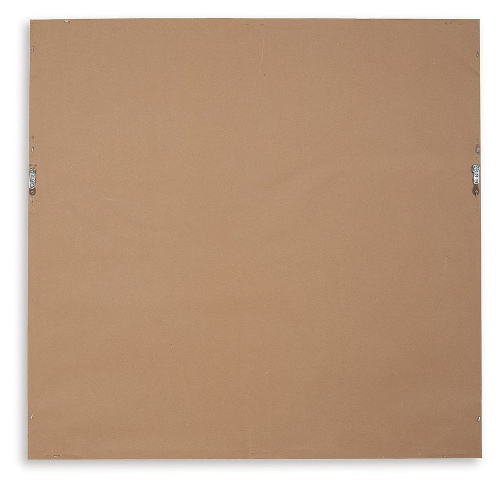 Back of framed circular wall decor: brown board with hanging hardware