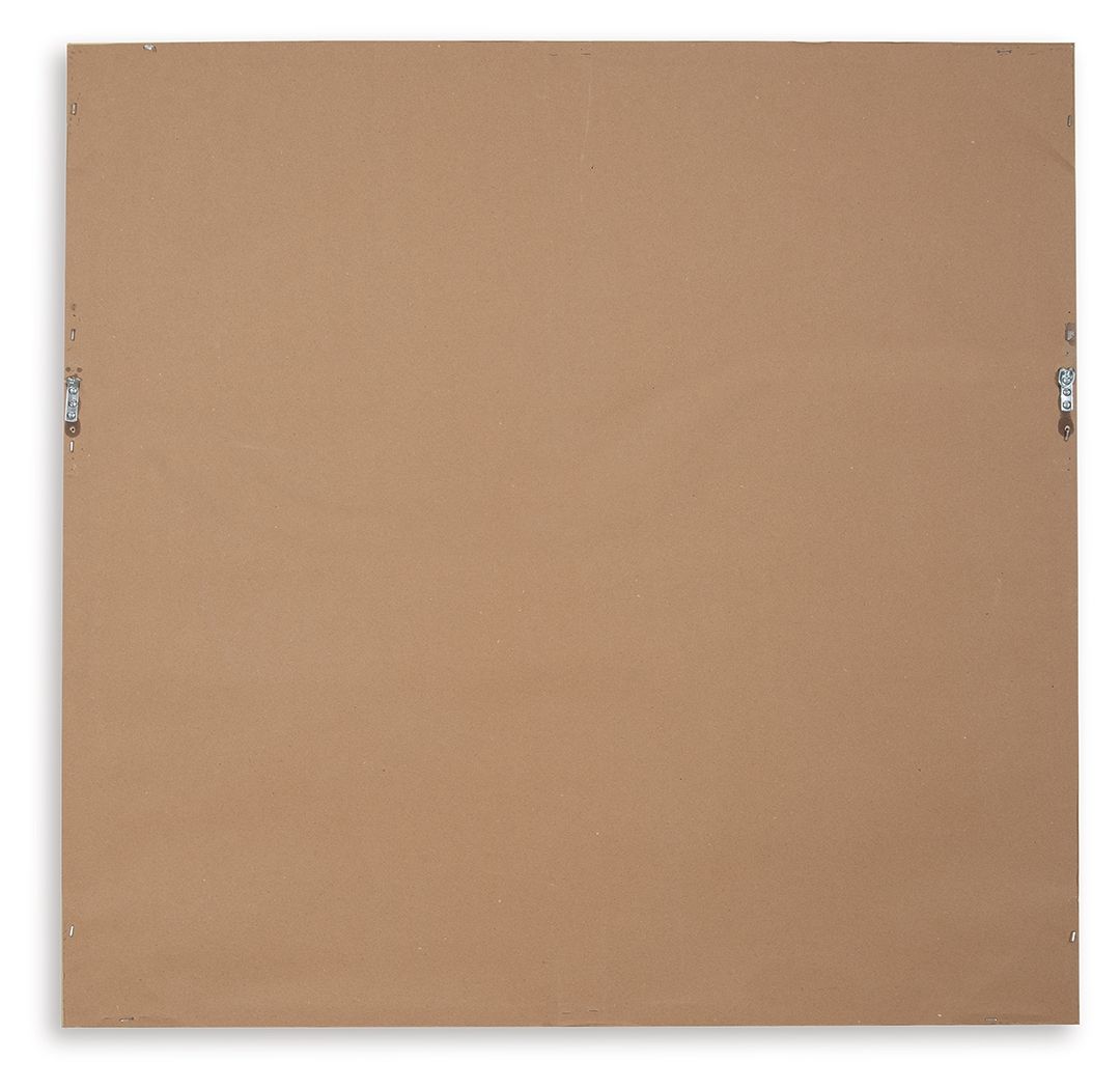Back of framed circular wall decor: brown board with hanging hardware