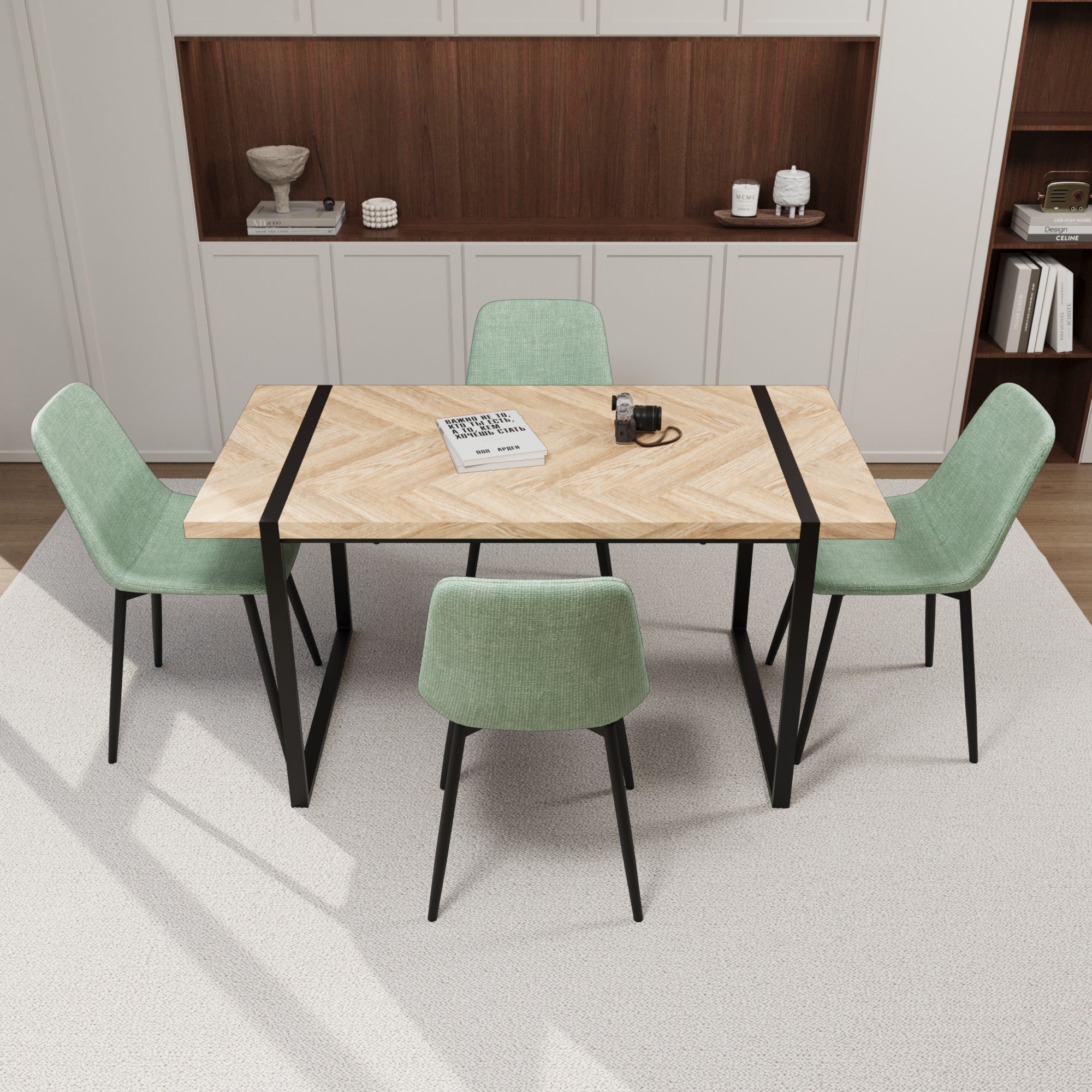 59" Modern Dining Table Set w/ 4 Suede Chairs
