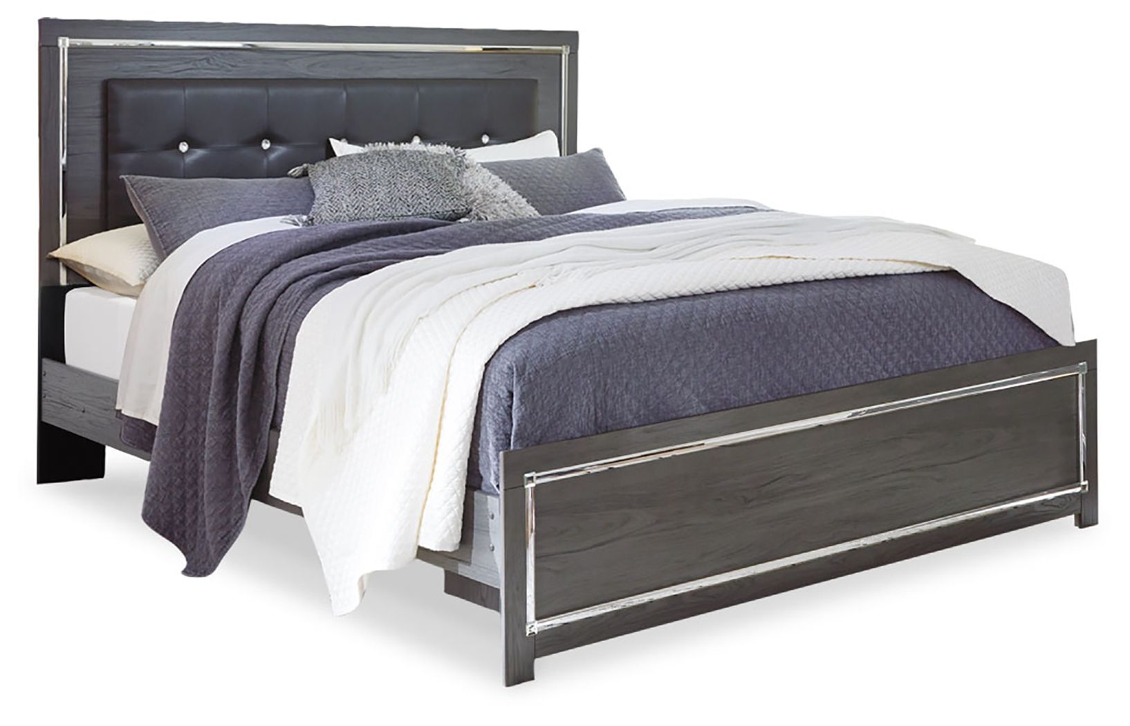Gray upholstered panel bed with button-tufted headboard and drawer base