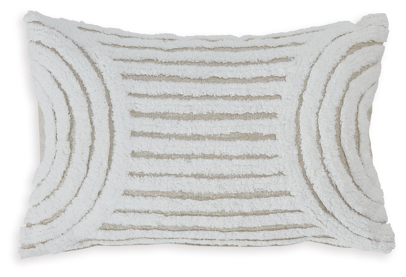 Striped decorative pillow cover, white with gray concentric arc pattern
